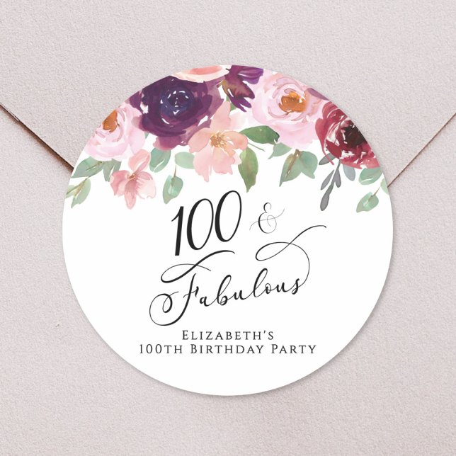 Pegatina Redonda Fiesta de cumpleaños número 100 elegante con acuar (Elegant Floral Watercolor 100th Birthday Party Round Sticker)