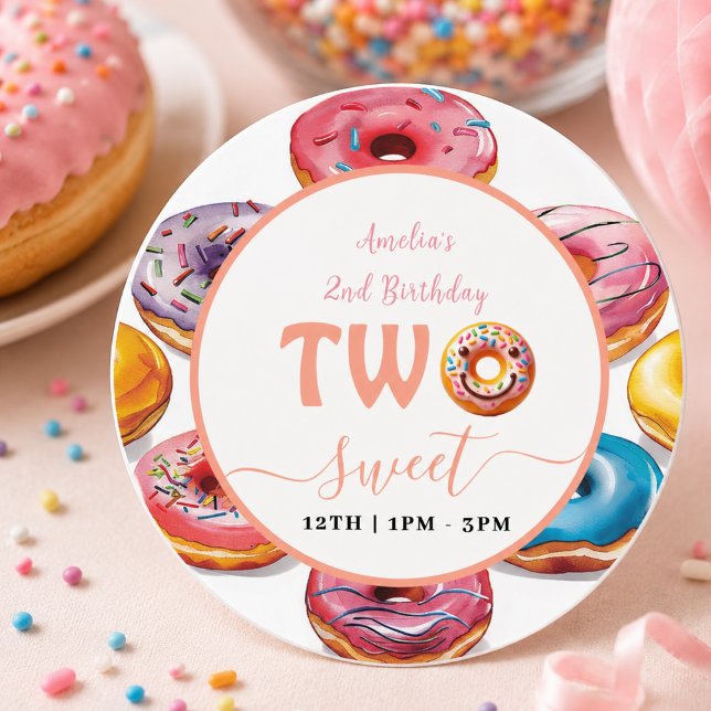 Pegatina Redonda Fiesta de cumpleaños número 2 con Dos Donas Dulces (Two Sweet Donuts 2nd Birthday party Classic Round Sticker)