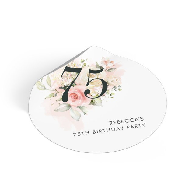 Pegatina Redonda Fiesta de cumpleaños número 75 de Botánica Floral (Floral 75th Birthday Party Favors Sticker)