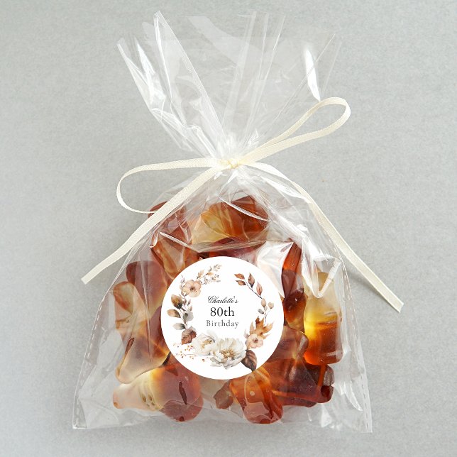 Pegatina Redonda Fiesta de cumpleaños número 80 con flores de otoño (Subido por el creador)