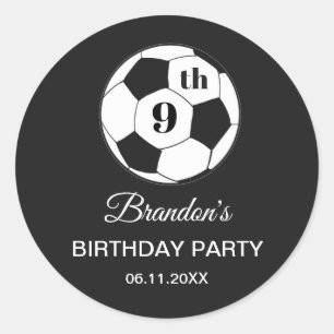 Pegatina Redonda Fiesta de cumpleaños número 9 fútbol negro niños d