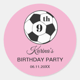 Pegatina Redonda Fiesta de cumpleaños número 9 Fútbol Rosa Niñas De
