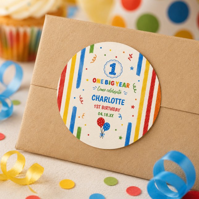 Pegatina Redonda Fiesta de cumpleaños número uno Bold Rainbow One B (Bold Rainbow One Big Year 1st Birthday party Classic Round Sticker
)