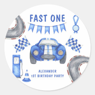 Pegatina Redonda Fiesta de cumpleaños número uno con tema de auto d