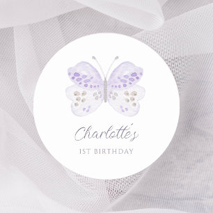 Pegatina Redonda Fiesta de cumpleaños número uno Mariposa Lavanda A