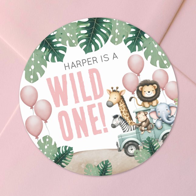 Pegatina Redonda Fiesta de Cumpleaños número uno Wild One Rosa Safa (Wild One Pink Safari 1st Birthday Classic Round Sticker)