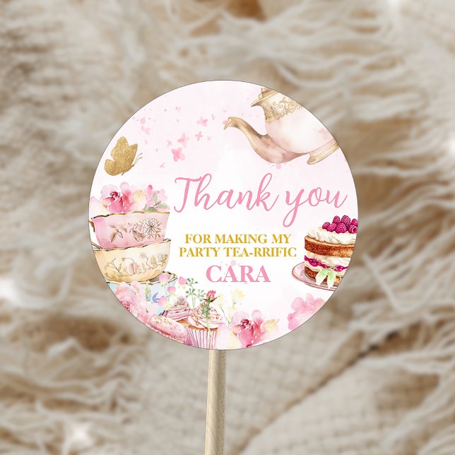 Pegatina Redonda Fiesta de cumpleaños Par-Tea con flor de oro rosa (Pink Gold Floral Par-Tea Birthday Party Sticker)