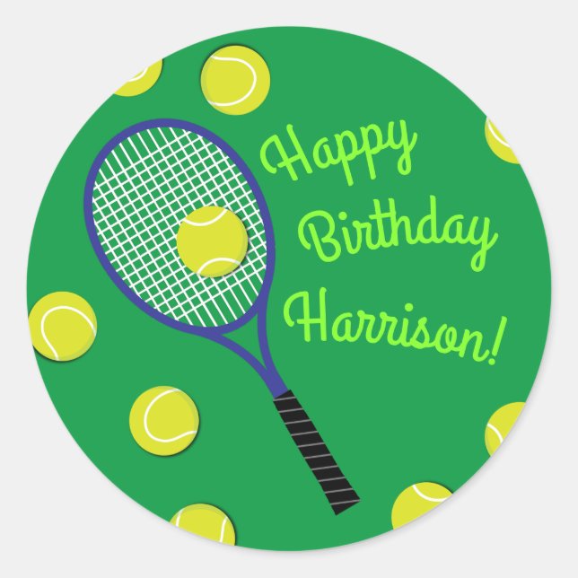 Pegatina Redonda Fiesta de cumpleaños para deportes de tenis (Anverso)