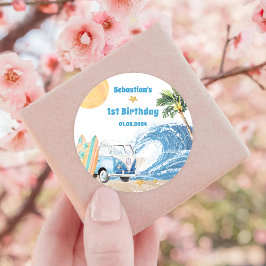 Pegatina Redonda Fiesta de cumpleaños para el surf en la playa