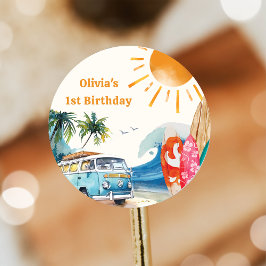 Pegatina Redonda Fiesta de cumpleaños para el surf en la playa
