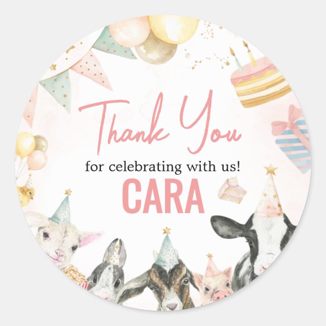 Pegatina Redonda Fiesta de cumpleaños para los animales Fiestas de  (Anverso)