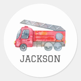 Pegatina Redonda Fiesta de cumpleaños personalizada de Firetruck