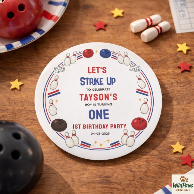 Pegatina Redonda Fiesta de cumpleaños Retro Bowling 1er cumpleaños  (Retro Bowling 1st Birthday Party – Fun Kids Classic Round Sticker
)