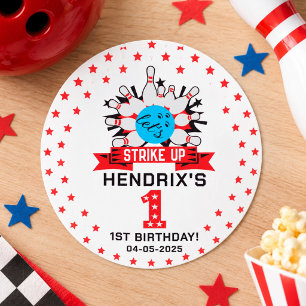 Pegatina Redonda Fiesta de cumpleaños Retro Bowling Kids 1st