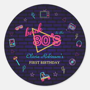 Pegatina Redonda Fiesta de Cumpleaños Retro Pop Neon para Niños