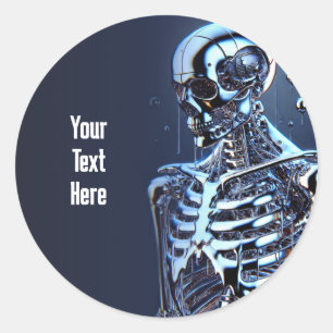 Pegatina Redonda Fiesta de Cumpleaños Robot Esqueleto Plateado Crom