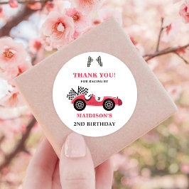 Pegatina Redonda Fiesta de cumpleaños rojo Race Car