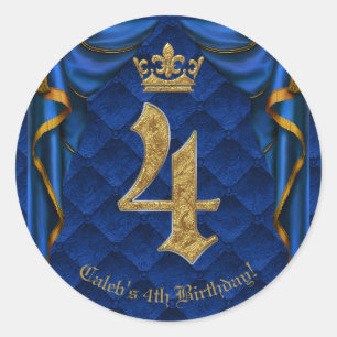 Pegatina Redonda Fiesta de Cumpleaños Royal Blue & Gold Crown FOUR 