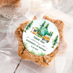 Pegatina Redonda Fiesta de Cumpleaños Rústico de la Montaña Camping