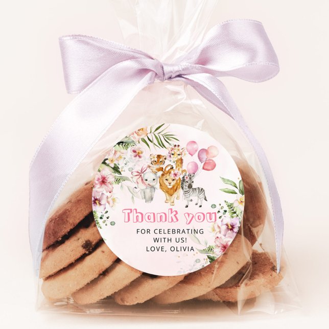 Pegatina Redonda Fiesta de cumpleaños safari de acuarela de niña (Subido por el creador)