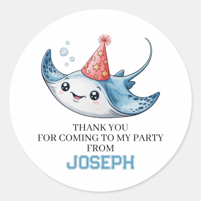 Pegatina Redonda Fiesta de cumpleaños Stingray Gracias (Anverso)