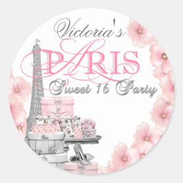 Pegatina Redonda Fiesta de cumpleaños Sweet 16 de París Rosa