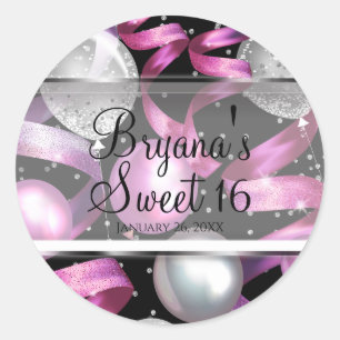 Pegatina Redonda Fiesta de Cumpleaños Sweet 16 Purpura Negro Plata