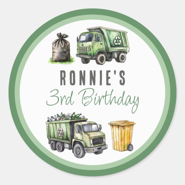 Pegatina Redonda Fiesta de cumpleaños temática de basura para niños (Anverso)