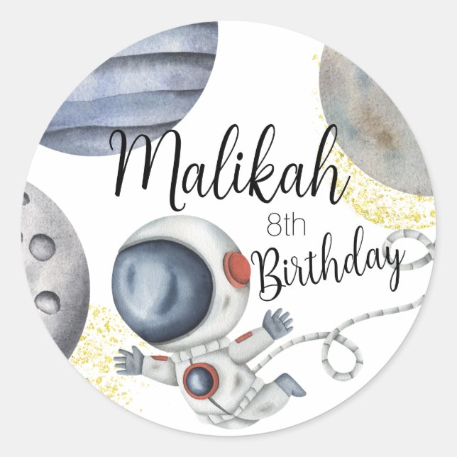 Pegatina Redonda Fiesta de cumpleaños temática espacio acuarela par (Anverso)
