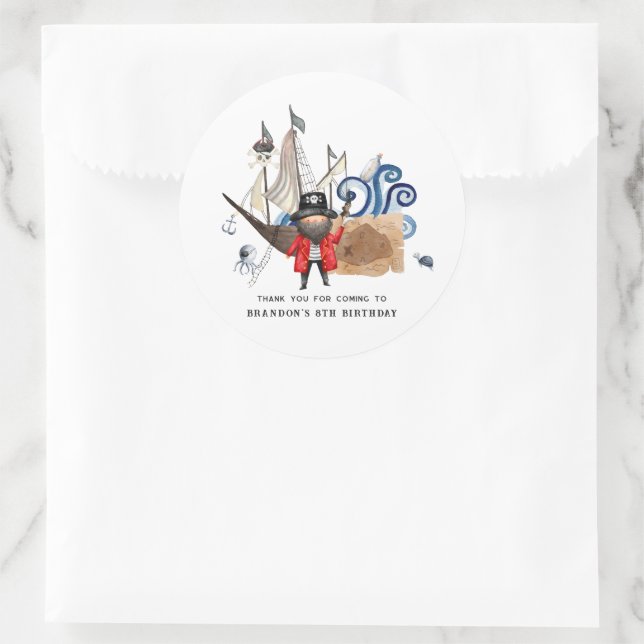 Pegatina Redonda Fiesta de cumpleaños temática pirata gracias a fav (Bolso)