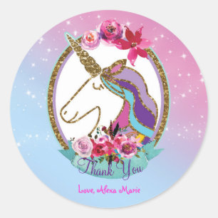 Pegatina Redonda Fiesta de Cumpleaños Unicornio Mágico Rosa Dorado