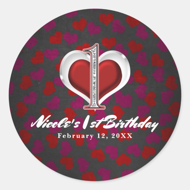 Pegatina Redonda Fiesta de cumpleaños uno 1 de San Valentín Corazon (Anverso)
