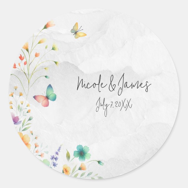 Pegatina Redonda Fiesta de Despedida de Soltera Mariposa Floral Acu (Anverso)