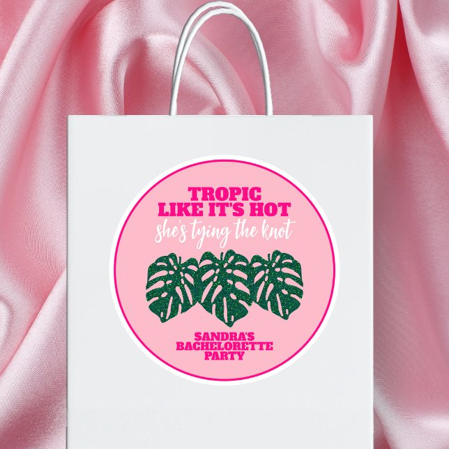 Pegatina Redonda Fiesta de Despedida de Soltera Tropical Rosa Brill (Tropical Pink Glitter Monstera Bachelorette Party Classic Round Sticker)