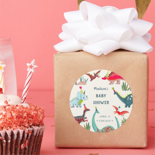 Pegatina Redonda Fiesta de ducha de bebé azul dinosaurio (Fiesta)