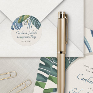 Pegatina Redonda Fiesta de ducha Tropical Beach Palm Wedding