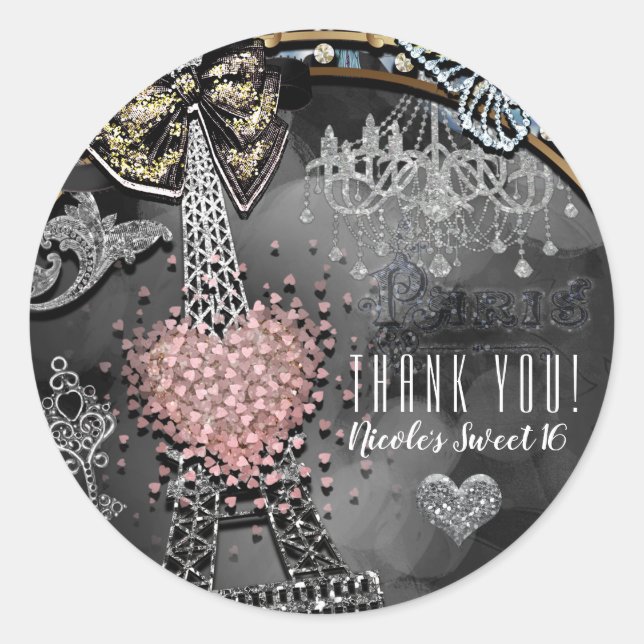 Pegatina Redonda Fiesta de Dulces 16 París Brillo Glamour Destello  (Anverso)
