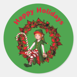 Pegatina Redonda Fiesta De Elf Cuerdo En Navidades De Wreath