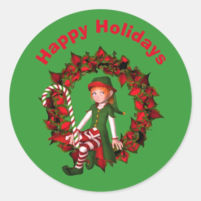 Pegatina Redonda Fiesta De Elf Cuerdo En Navidades De Wreath (Anverso)
