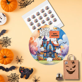 Pegatina Redonda Fiesta de Fantasmas Personalizada para Niños en Ha