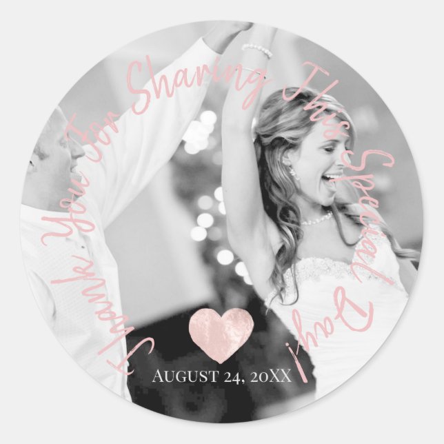 Pegatina Redonda Fiesta de Fecha de Cumpleaños Foto Corazón Gracias (Anverso)