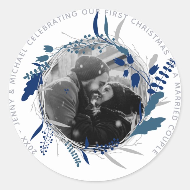 Pegatina Redonda FIESTA de fotografía de primer año de matrimonio (Anverso)