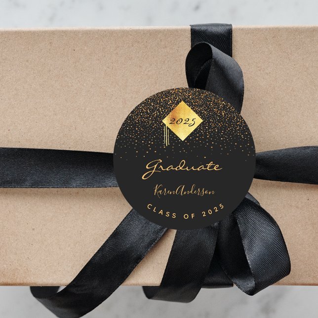 Pegatina Redonda Fiesta de graduación de 2025 tapa de oro negro par (Subido por el creador)