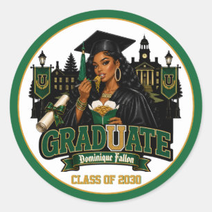 Pegatina Redonda Fiesta de graduación de chica negra verde oro clas