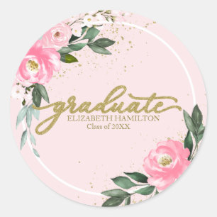 Pegatina Redonda Fiesta de Graduación Floral Rosa Caliente de Gradu
