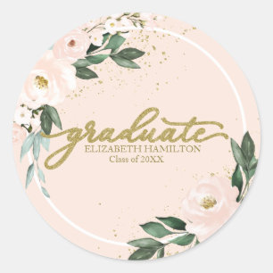 Pegatina Redonda Fiesta de Graduación Floral Rosa Rubor Graduada