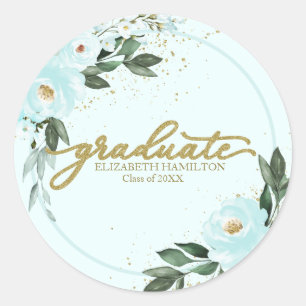 Pegatina Redonda Fiesta de Graduación Floral Turquesa Dorada para G