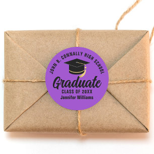 Pegatina Redonda Fiesta de Graduación Negra y Morada Personalizada