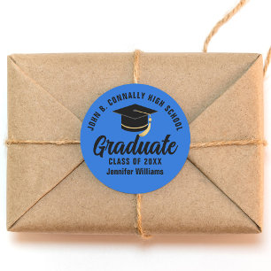 Pegatina Redonda Fiesta de Graduación Personalizada Azul Negro