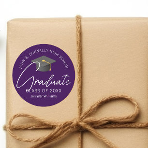 Pegatina Redonda Fiesta de Graduación Personalizada de Morado Oscur